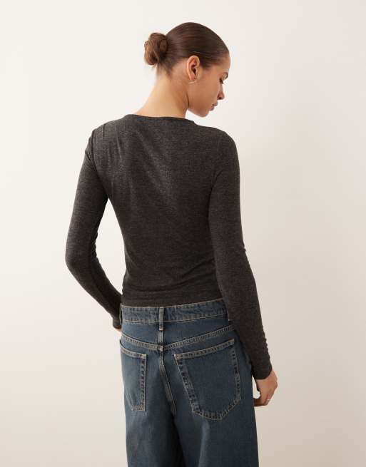 Mango long sleeve top with hardware detail in charcoal