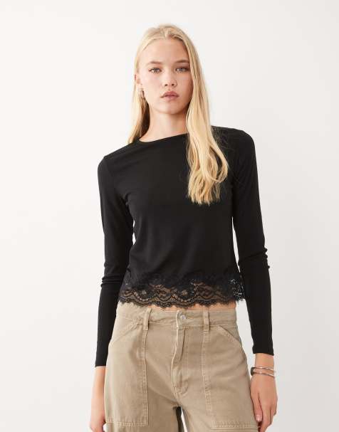 Mango long sleeve top with lace trim in black - view 1