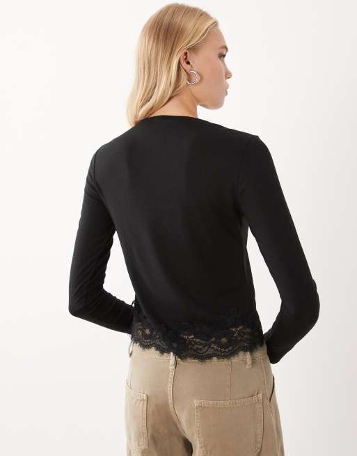 Mango long sleeve top with lace trim in black, 2 of 4