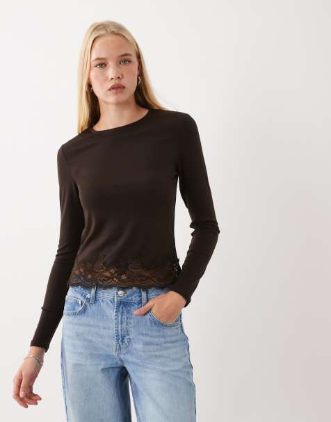 Mango long sleeve top with lace trim in brown - view 1
