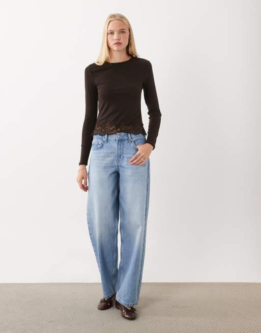 Mango long sleeve top with lace trim in brown, 2 of 4