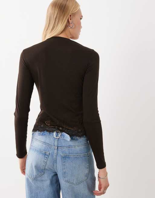 Mango long sleeve top with lace trim in brown, 3 of 4