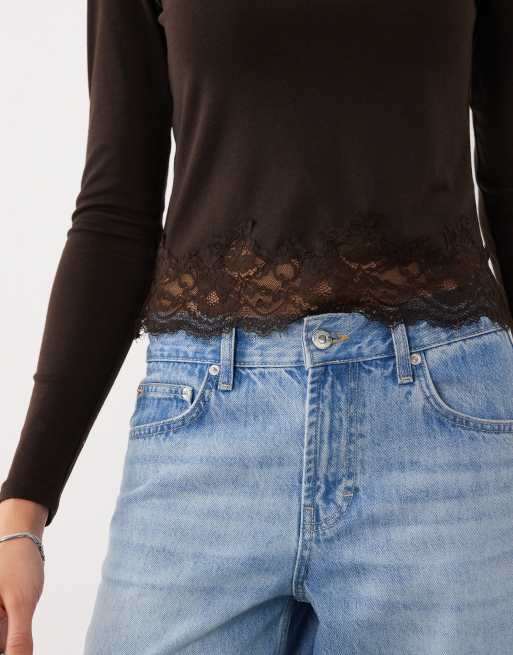 Mango long sleeve top with lace trim in brown, 4 of 4