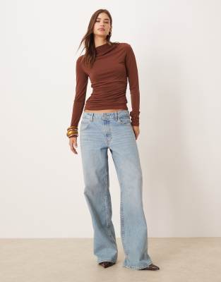 Mango Long Sleeve Top With Ruched Detail In Brown