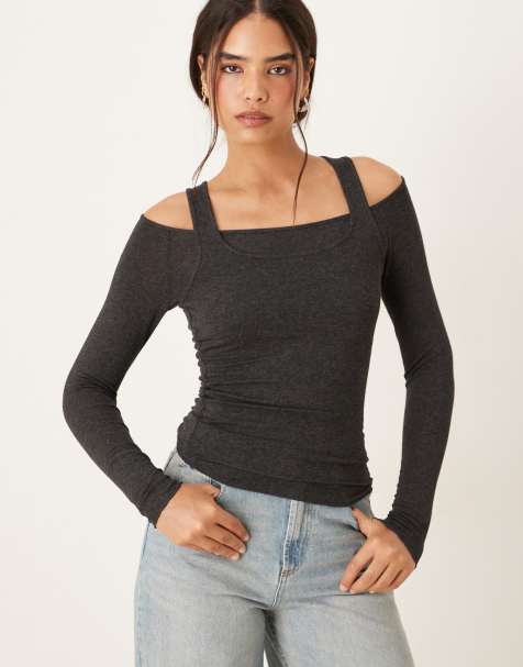 Mango long sleeve top with vest detail in charcoal