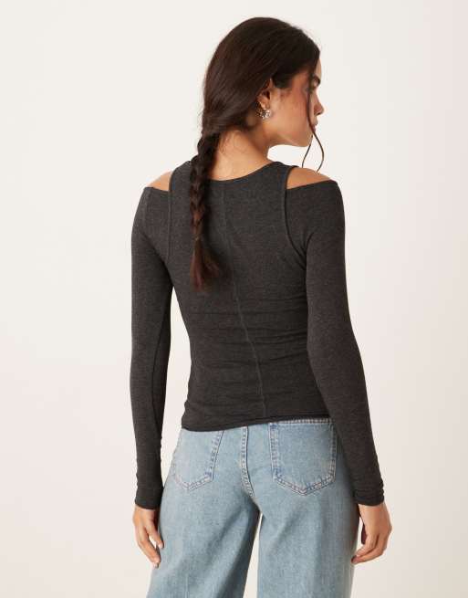 Mango long sleeve top with vest detail in charcoal, 4 of 4
