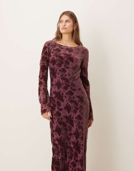 Mango long sleeve velvet floral midi dress in dark pink ASOS
