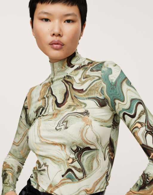Mango long sleeved mesh top in marble print in green | ASOS