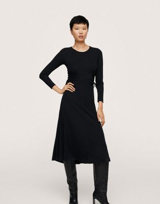 Mango long sleeved midi dress with ruched cut out detail in black