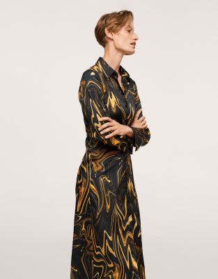 mango long sleeved midi shirt dress in retro print