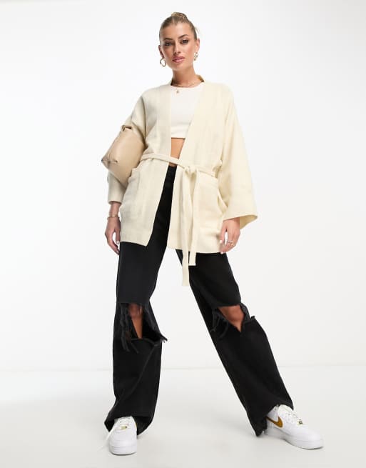 Mango longline belted cardigan in cream