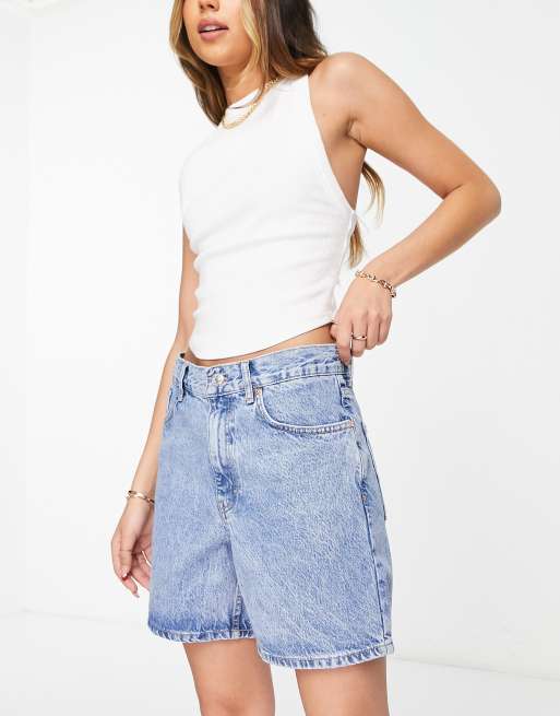 Mango longline bermuda denim shorts in mid blue