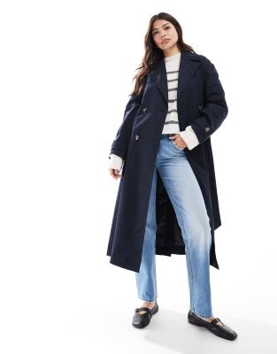 Mango Longline Core Trench Coat In Navy-black