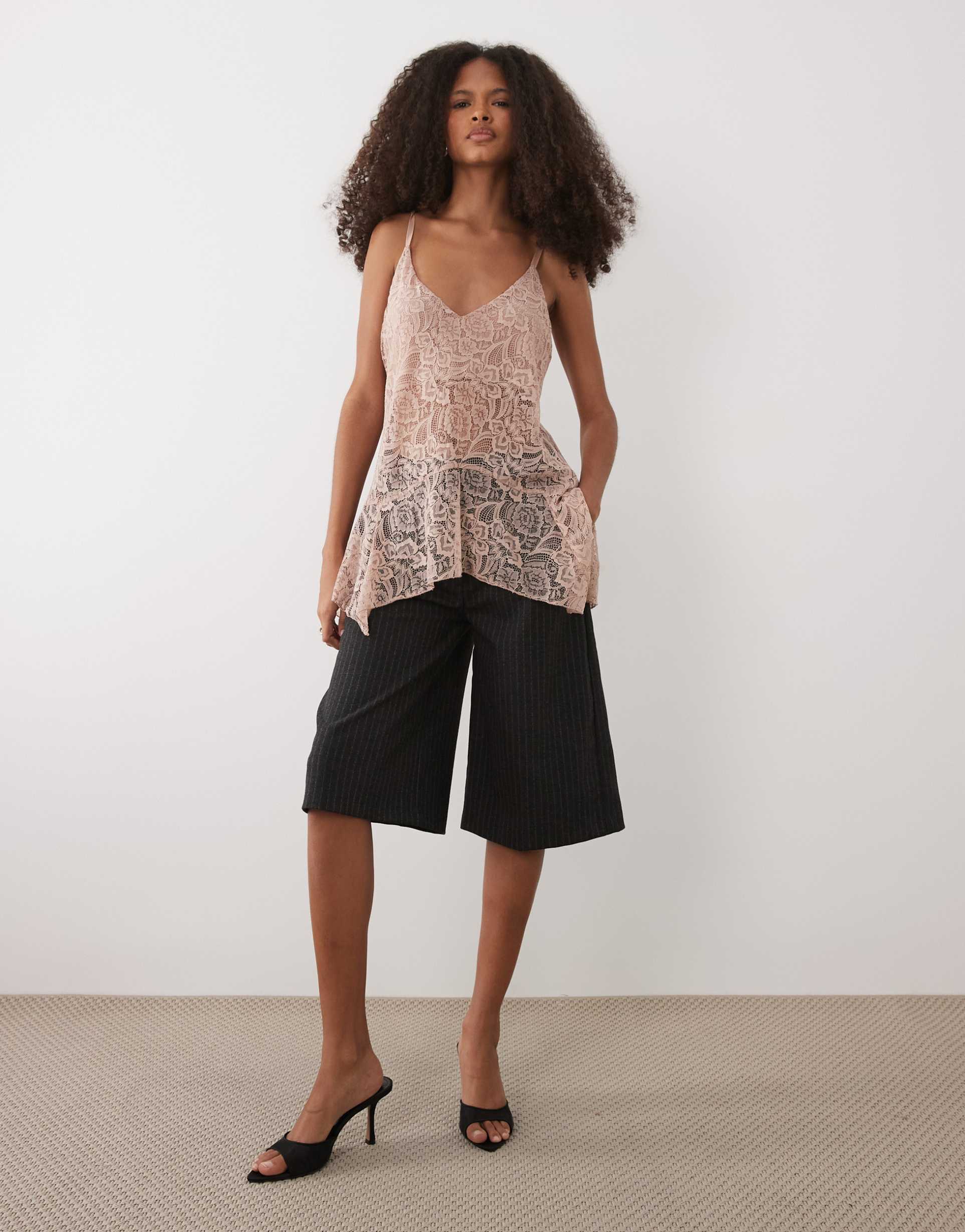 mango longline lace cami top in pink