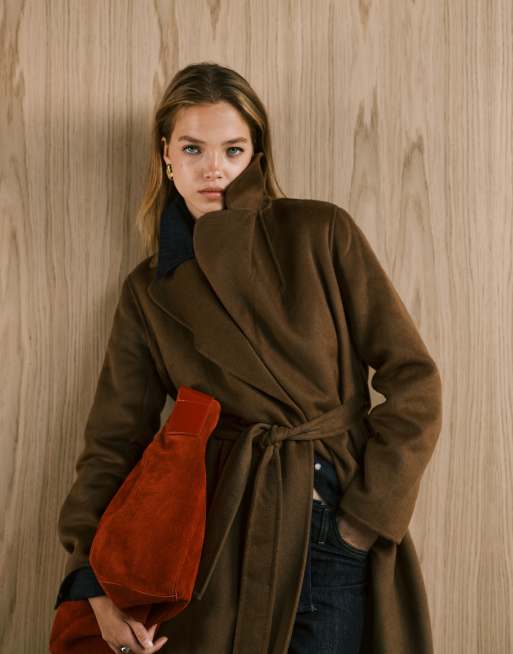 Mango – Longline-Mantel aus Wollmix in Beige mit Bindegürtel