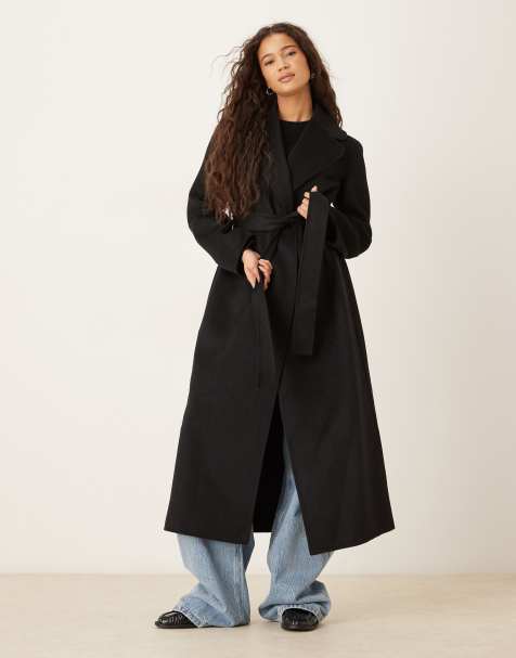 Mango – Longline-Mantel aus Wollmix in Schwarz mit Bindegürtel - view 1