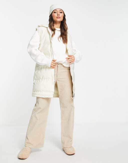 Mango longline padded gilet with hood in cream ASOS