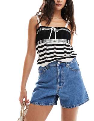 longline relaxed denim shorts in mid blue