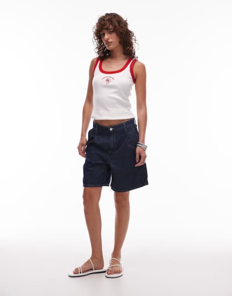 Mango longline straight denim shorts in dark blue - view 1