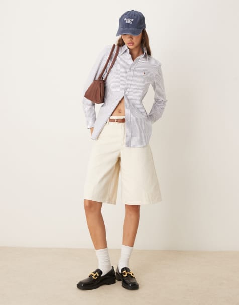Mango loose fit long line denim shorts in white - view 1