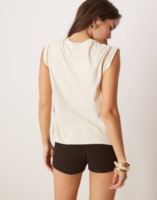 Mango Loose Fit T-shirt With Cut Out Trim Detail In Neutral