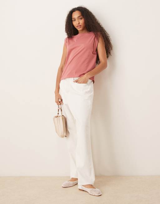 Mango loose fit T-shirt with cut out trim detail in coral pink, 4 of 4