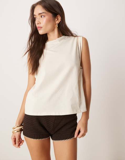 Mango - Losvallend T-shirt met opengewerkte randen in beige - view 1
