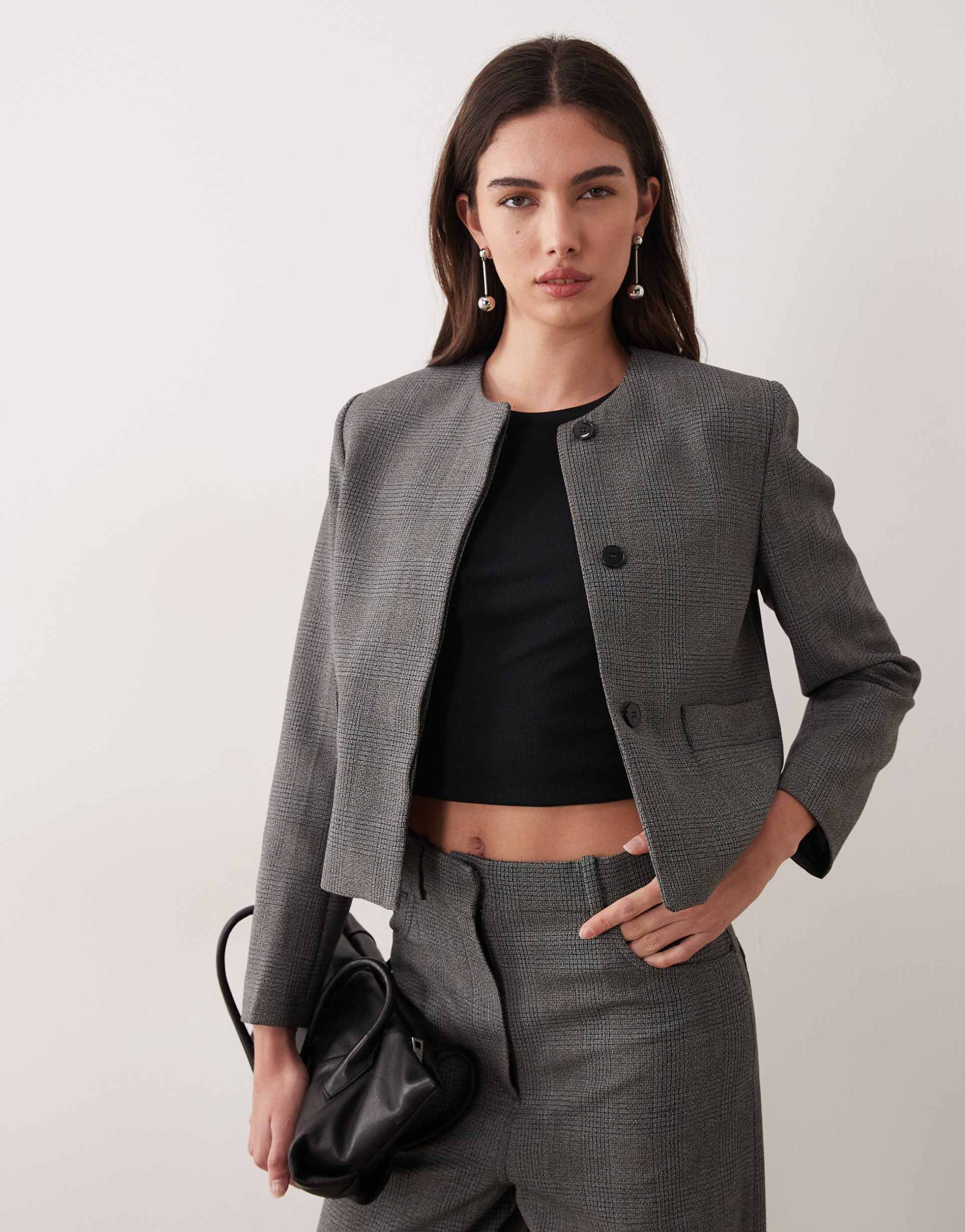 mango louis collarless blazer in gray plaid - part of a set