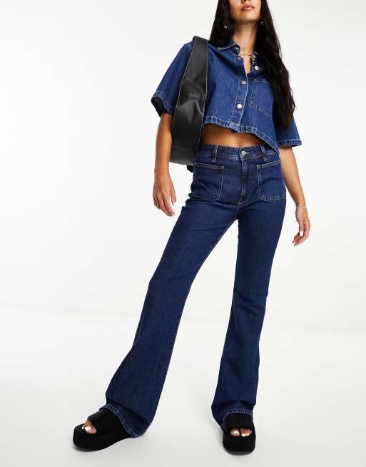 Mango low rise pocket detail flared jeans in blue denim