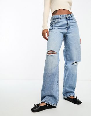 Mango low rise relaxed jeans with rips in mid blue