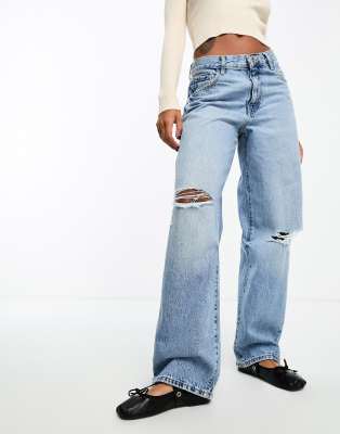 Mango Mango low rise relaxed jeans with rips in mid blue