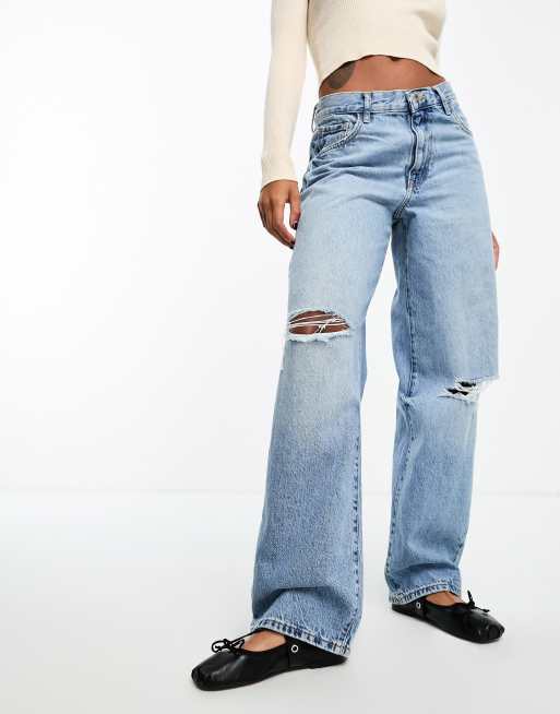 Mango low rise relaxed jeans with rips in mid blue | ASOS