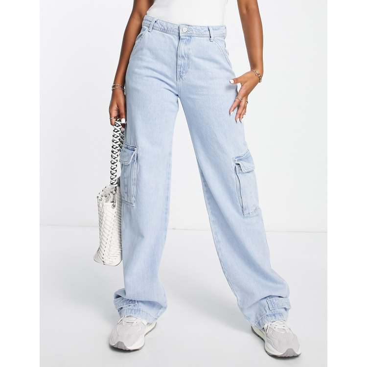 Petite Light Blue Wash Denim Cargo Jumpsuit