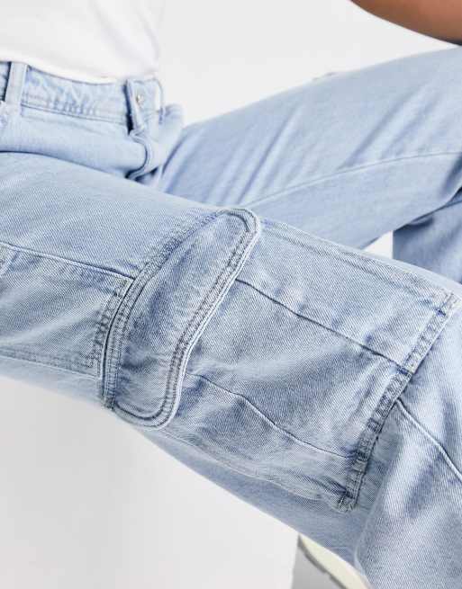 Mango low waist cargo jeans in light blue wash