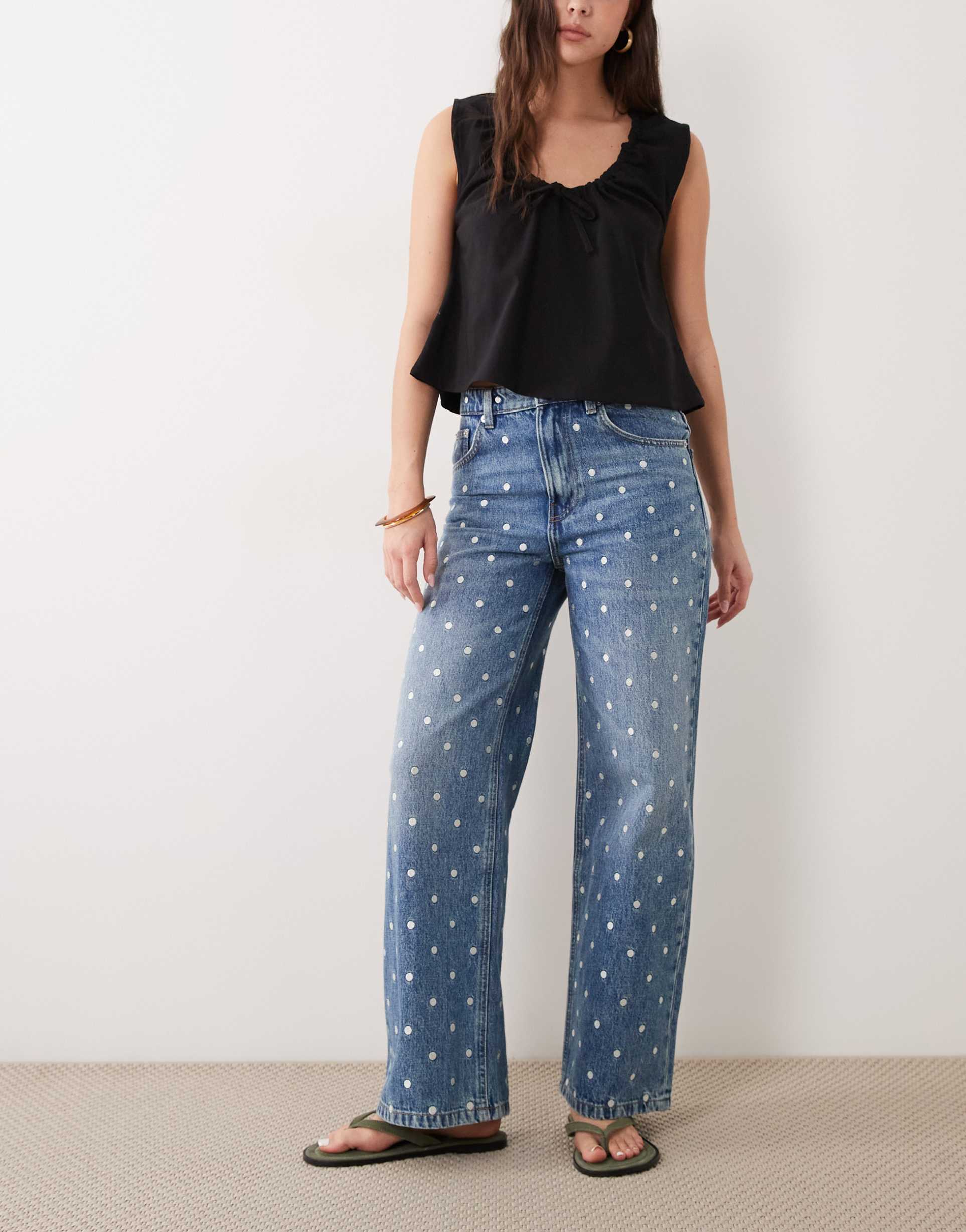 mango lunares 100% cotton straight leg polka-dot jeans in mid blue