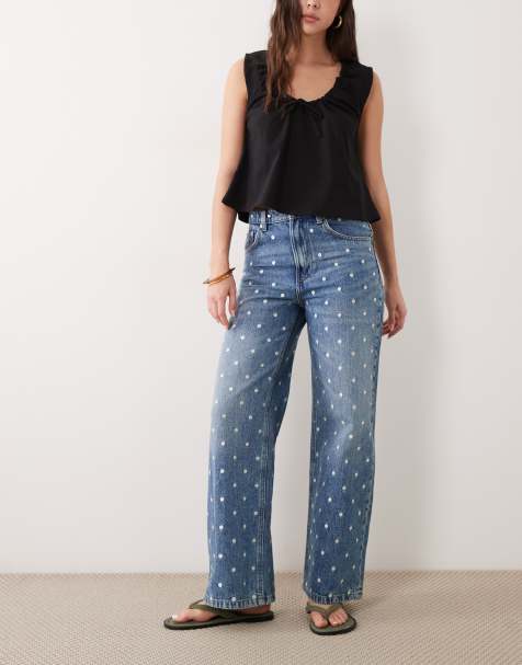 Mango - Lunares - Jeans dritti in 100% cotone blu medio a pois - view 1