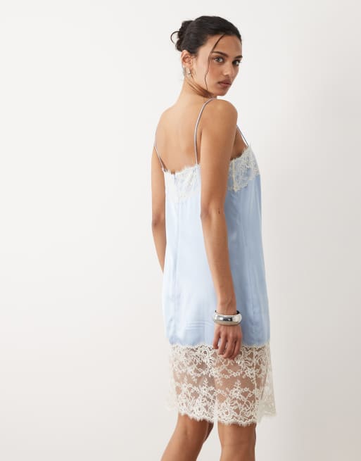 Mango - Lyseblå cami-minikjole med blondekanter i satin, 2 af 4