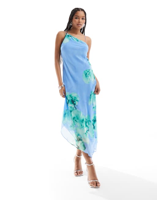 Mango - Lyseblå og blomstret midikjole med asymmetrisk kant