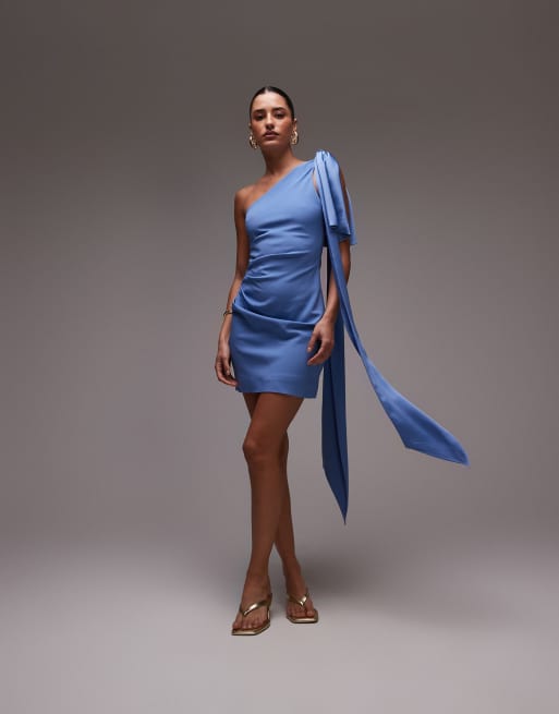 Mango - Lyseblå oneshoulder-minikjole med sløjfedetalje, 2 af 4