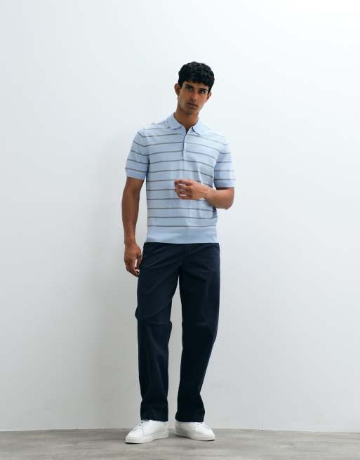 Mango - Lyseblå polo-T-shirt i strik med striber, 5 af 5