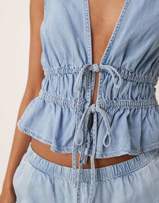 Mango - Lyseblå top med bindebånd foran i blød denim - Del af sæt, 4 af 4