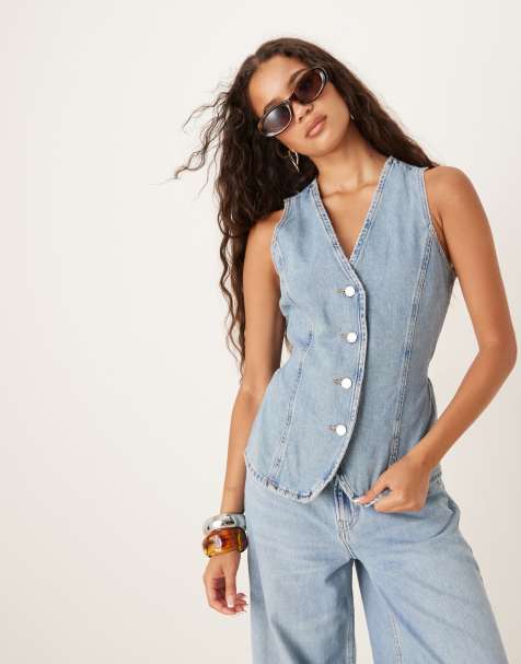 Mango - Lyseblåt sæt med habitvest med sømdetaljer og jeans med vide ben i denim - view 1