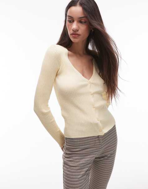 Mango - Lysegul ribstrikket cardigan i hørblanding - view 1