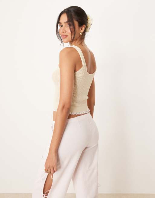Mango - Lysegul top med stropper og flæsekant i fint strikket bomuldsblanding, 3 af 4