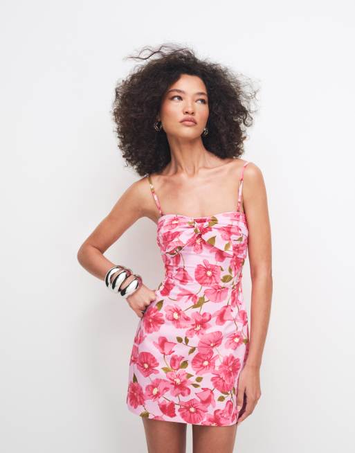 Mango - Lyserød minikjole i 100% bomuld med blomstermønster og bindebånd foran samt offshoulder-design, 2 af 8