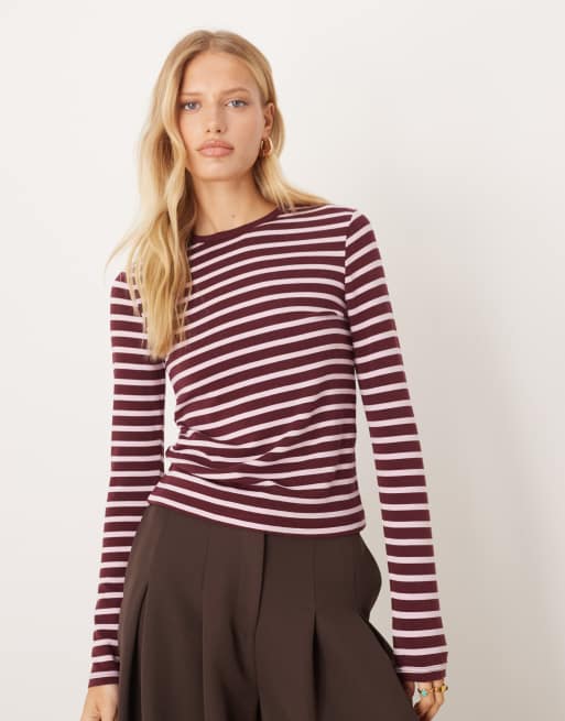 Mango - Maglietta a maniche lunghe in misto cotone a righe color rosa e bordeaux