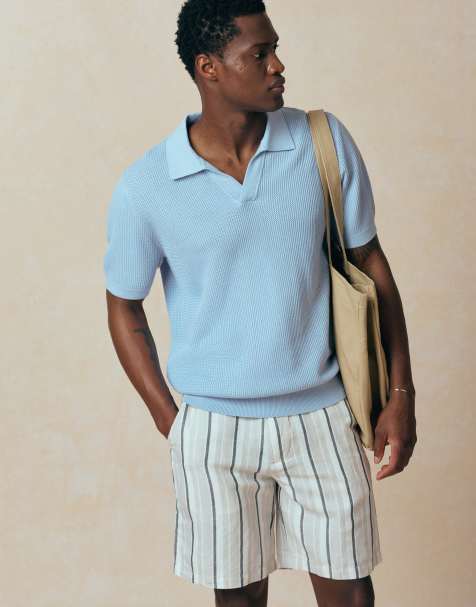 Mango - Maglione a maniche corte in 100% cotone blu chiaro con scollo a rever - view 1