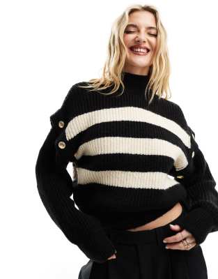 Mango - Maglione a righe con bottoni e maniche removibili, colore nero