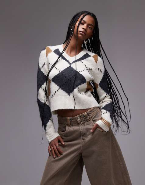 Mango - Maglione beige a losanghe con scollo a V - view 1