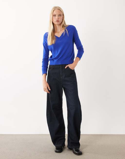 Mango maglione con scollo a V in blu elettrico, 3 di 4